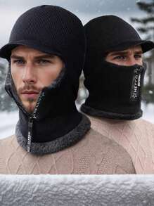 1Pc Casual Knitted Fabric Hat With Neck Warmer For Men, Winter Outdoor Riding Thick Fleece Balaclava Cap Beanie Fall Outfit - Multicolor - View 12