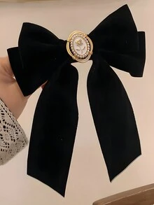 1 件女士复古优雅黑天鹅绒蝴蝶结装饰珍珠弹簧发夹，适合日常使用和礼物 - 黑色 - 查看 10