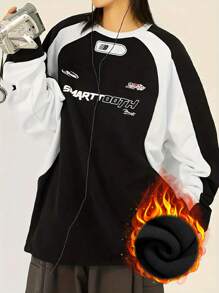 Women's Crew Neck Long Sleeve Letter Print Color Block Sweatshirt - Black and White - View 1