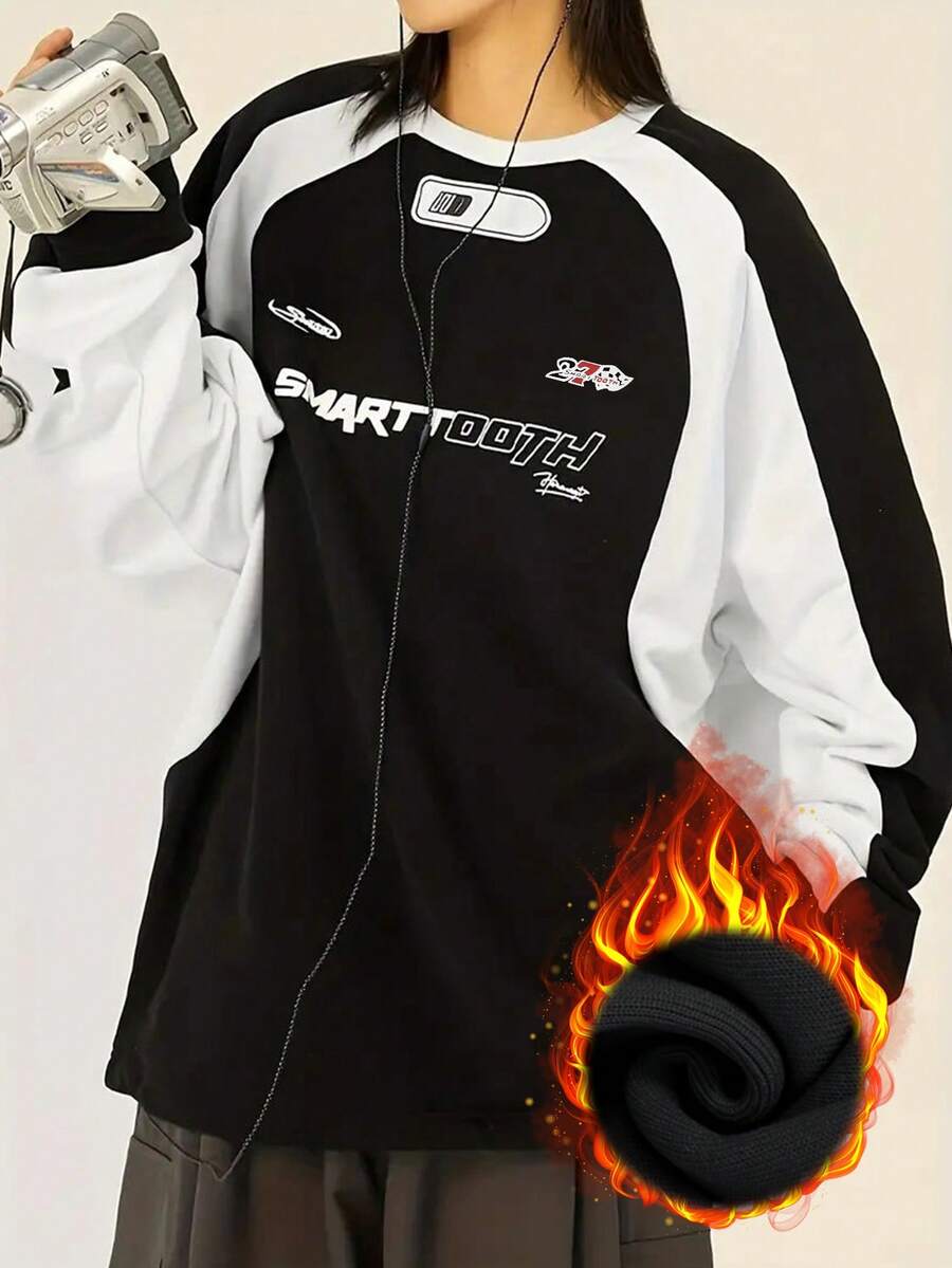 Women's Crew Neck Long Sleeve Letter Print Color Block Sweatshirt - Black and White - View 1