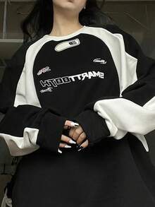 Women's Crew Neck Long Sleeve Letter Print Color Block Sweatshirt - Black and White - View 2