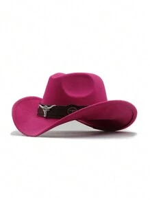 1pc Bull Pattern Casual Bohemian Style Polyester Solid Bowknot Felt Hat, Autumn/Winter Fashionable Unisex Cowboy Hat With Leather & Metal Decor