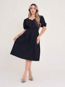 Luxury Duna Wave Short Dress With Button Short Sleeves - màu đen - Xem 3
