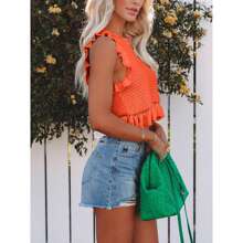 Women's Summer Knit Tank Tops Crew Neck Sleeveless Cami Shirts Tees Ruffle Sweater Vest - 橘色 - 查看 2