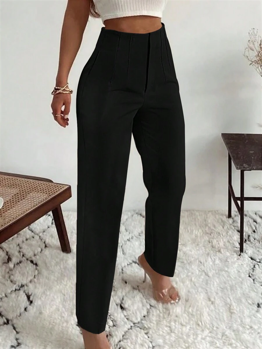 Calças skinny elegantes com bolso lateral plissado para mulheres