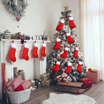 2/4/6/8pcs Christmas Stockings Goodie Bags, Large Red Socks With White Rim, Green Socks With Gold Trim, Non-Woven Smooth Christmas Socks, Christmas Party Decorations, Christmas Atmosphere Props,Christmas