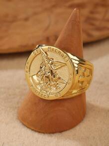 圣米迦勒 San Miguel 钢戒指，金色不锈钢大天使米迦勒战胜撒旦雕像 - 金色 - 查看 3