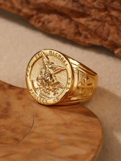 Anillo de acero San Miguel, anillo de acero inoxidable de color dorado con estatua del Arcángel Miguel derrotando a Satanás