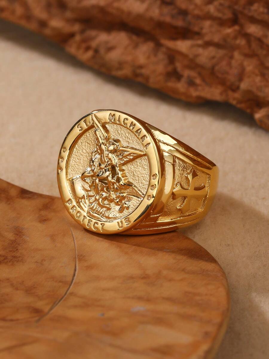 圣米迦勒 San Miguel 钢戒指，金色不锈钢大天使米迦勒战胜撒旦雕像 - 金色 - 查看 1