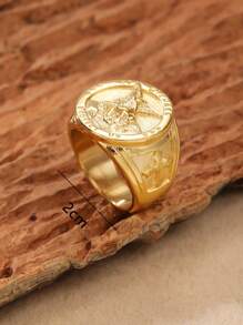 圣米迦勒 San Miguel 钢戒指，金色不锈钢大天使米迦勒战胜撒旦雕像 - 金色 - 查看 2