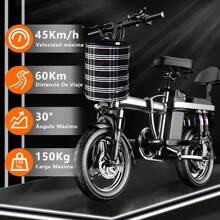 NINOTO Bicicleta Eléctrica Plegable14 Pulgadas 45km/h Con Led Autonomía 60km Real Color Negro Ligera Espalda 7 Armortiguado - Negro - Ver 4