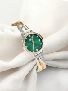 Disu 1pc 女士不锈钢双色表带经典商务休闲钻石石英手表，适合日常佩戴 - 彩色 - 查看 2