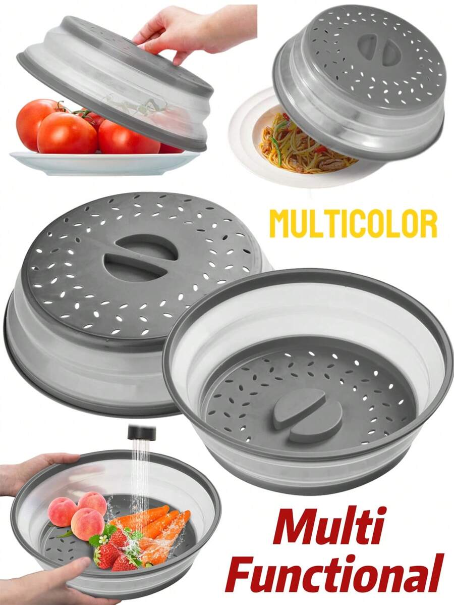 Tapa salpicadura de microondas con ventilación para alimentos, protector contra salpicaduras y accesorio de cocina colador para frutas, verduras, tapa de plato de microondas con orificio para gancho, apto para lavavajillas, tapa protectora plegable y ventilada de silicona - tapa de plato y vajilla de microondas con asa - silicona y plástico