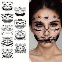 9sheets Waterproof Temporary Face Tattoo Stickers With Black Skull Designs. Realistic Skull Scar Patterns, Perfect For Holiday Witch Makeup, Halloween Party Decorations, Black Bat, Spider Web, Pumpkin, And Black Death Mask. - White - View 1