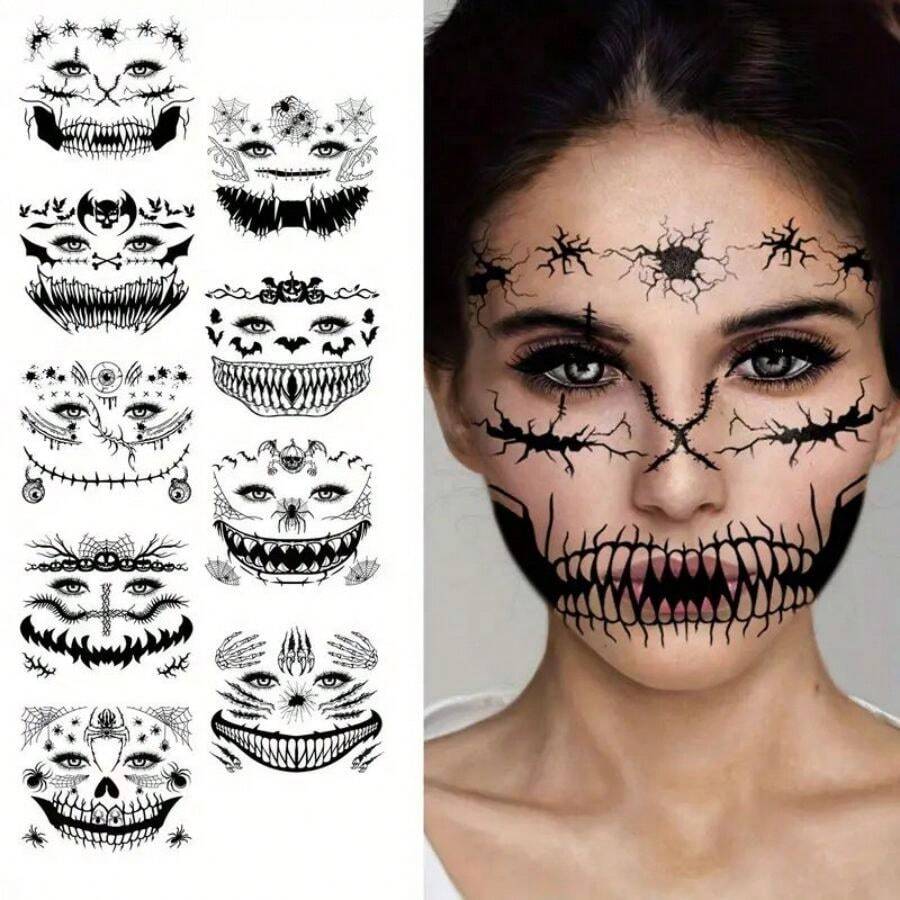 9sheets Waterproof Temporary Face Tattoo Stickers With Black Skull Designs. Realistic Skull Scar Patterns, Perfect For Holiday Witch Makeup, Halloween Party Decorations, Black Bat, Spider Web, Pumpkin, And Black Death Mask. - White - View 1