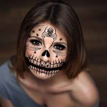 9sheets Waterproof Temporary Face Tattoo Stickers With Black Skull Designs. Realistic Skull Scar Patterns, Perfect For Holiday Witch Makeup, Halloween Party Decorations, Black Bat, Spider Web, Pumpkin, And Black Death Mask. - White - View 4