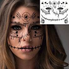9sheets Waterproof Temporary Face Tattoo Stickers With Black Skull Designs. Realistic Skull Scar Patterns, Perfect For Holiday Witch Makeup, Halloween Party Decorations, Black Bat, Spider Web, Pumpkin, And Black Death Mask. - White - View 2