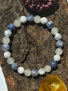 Lapis Lazuli And White Turquoise Handmade Beaded Bracelet For Men And Women For Sleep And Stress Relief, Elastic Homeopathic Insomnia Relief Jewelry Gift - 1 Pc
