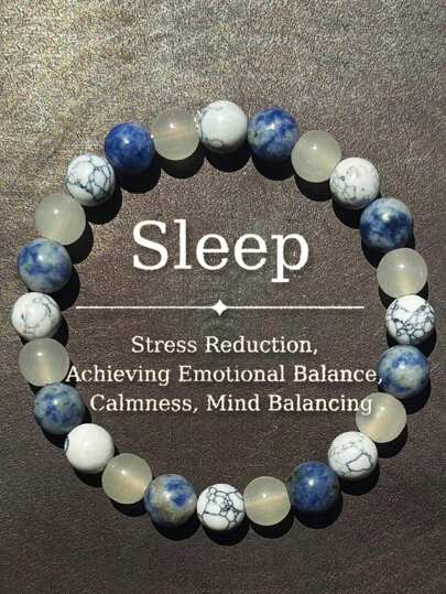Lapis Lazuli And White Turquoise Handmade Beaded Bracelet For Men And Women For Sleep And Stress Relief, Elastic Homeopathic Insomnia Relief Jewelry Gift - 1 Pc