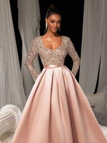 Faeriesty 优雅亮片缎面长袖晚礼服——适合艺术画廊晚宴、慈善晚宴、奢华活动、私人博物馆派对或戛纳电影节红毯派对礼服、婚礼宾客礼服、正式晚礼服、春假晚礼服等场合。 - 藕粉色 - 查看 9