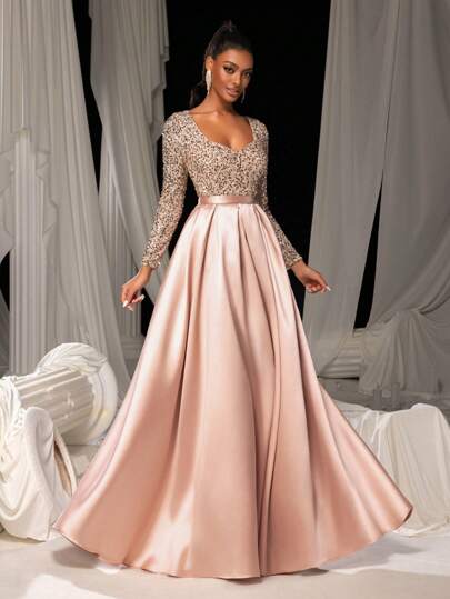 Faeriesty Elegant Sequined Satin Evening Gown With Long Sleeves – Idea For Art Gallery Galas, Charity Dinners, Luxury Events, Private Museum Parties, Or Cannes Film Festival Red Carpets Party Dress Wedding Guest Dress Formal Dress Evening Dress