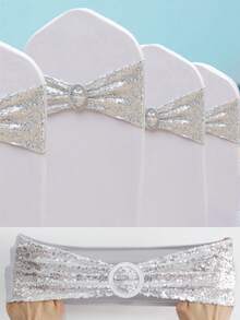 5 pièces/10 pièces Nœud de chaise élastique en spandex sequin argent brillant pour la décoration de mariage, d'hôtel, de fête et d'événement - Argent - Voir 7