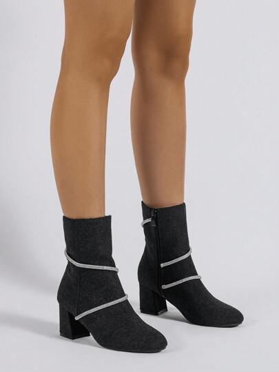 Fashion Ladies Round Toe Lace-Up Decor Thick Heel Short Boots, Black Suede, Plus Size