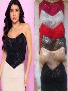 Women's Cropped Corset Batwing Shiny Paitê - 銀色 - 查看 2