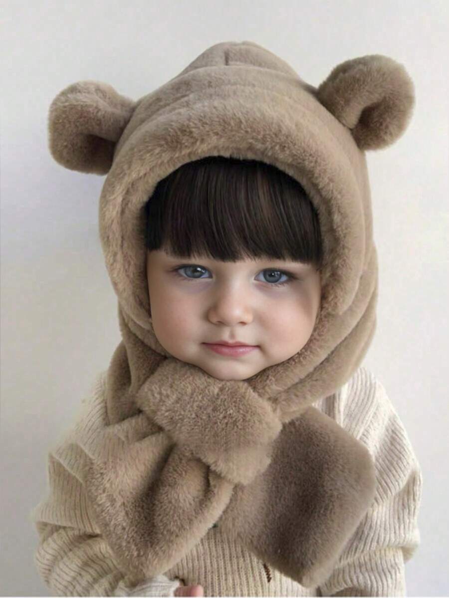 1pc Baby Cute Bear Plush Earflap Beanie Hat With Scarf, Thick Warm For Autumn/Winter, Unisex