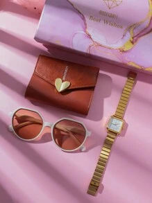 3 件套女士优雅高品质条形指针表盘钢表带石英表礼盒套装，适合生日、万圣节