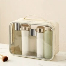 Bolsa de cosméticos transparente de PU, organizador de viaje de gran capacidad para maquillaje, artículos de tocador, gimnasio, natación, almacenamiento de maquillaje, accesorios de viaje, bolsa para brochas, contenedor de maquillaje, artículos esenciales de viaje, accesorios para damas, cosas de viaje, esenciales de vacaciones de verano, bolsa de aseo, bolso de mano