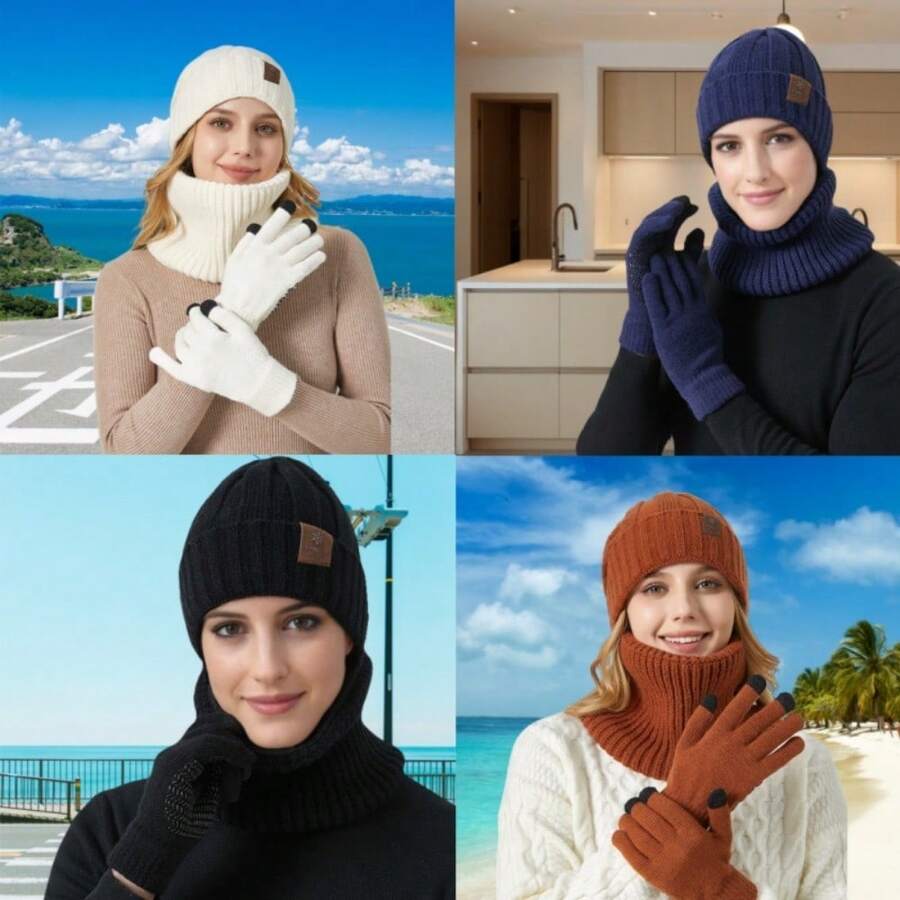 Thickened Warm Knit Three In One Hat, Scarf And Gloves, Winter Outdoor Cycling, Christmas Exquisite Gifts - màu đen - Xem 1