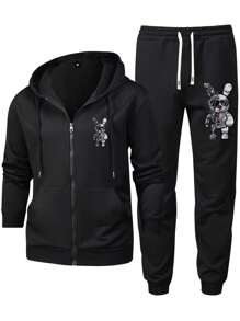 2pcs Casual Men's Spring Autumn Mechanical Rabbit Pattern Print Long Sleeve Jacket And Pants Set, Cozy Outfits - Black - View 3