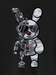 2pcs Casual Men's Spring Autumn Mechanical Rabbit Pattern Print Long Sleeve Jacket And Pants Set, Cozy Outfits - Black - View 4