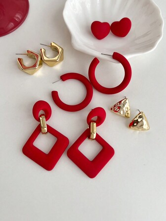 5pcs/Set Fashion Minimalist Heart Shaped Hollow Dangle Earrings Set Valentines,Mom,Mother,Mother's Day,Gift