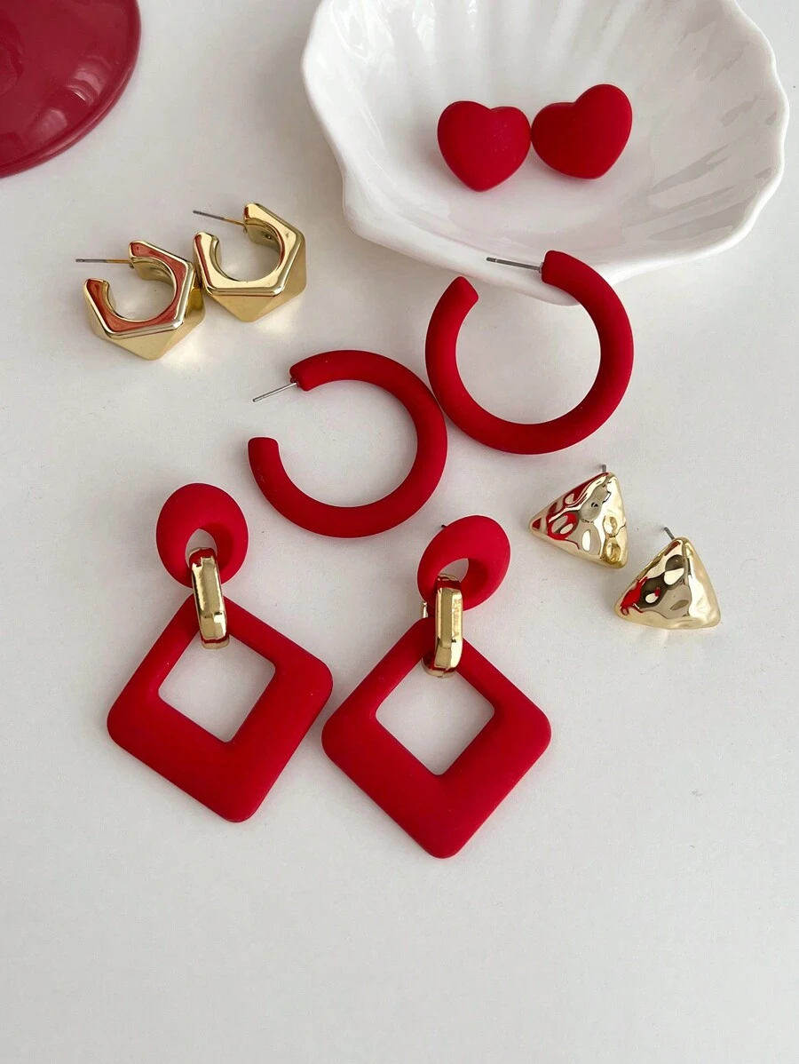 5pcs/Set Fashion Minimalist Heart Shaped Hollow Dangle Earrings Set Valentines,Mom,Mother,Mother's Day,Gift - A Style - View 1