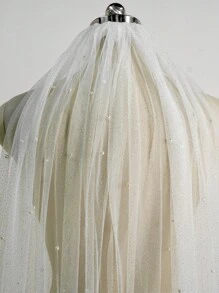 1 Pc Faux Pearl Length 2.3M(91Inch) Soft Glitter Tulle Wedding Bridal Veil With Metal Comb White Ivory Fall Clothes For Women Valentine's Day Accessories - Multicolor - View 11