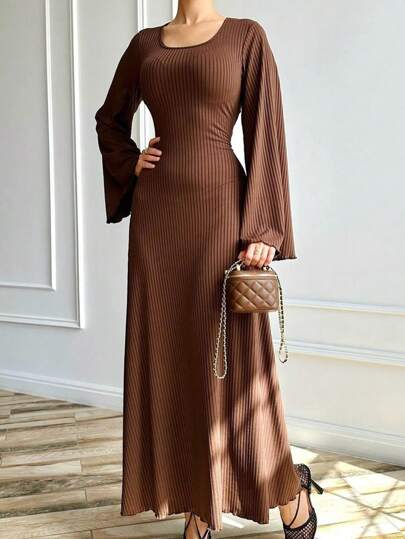 1pc Vestido de malha de cor sólida feminino, elegante cordão na cintura, ajuste fino, comprimento médio, modesto, vestido de manga comprida