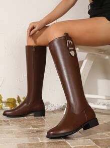 Women's Fashion Brown Knee-High Boots With Metal Buckle Decor, Comfortable Round Toe Chunky Heel Riding Boots For Fall And Winter - Brown - View 3