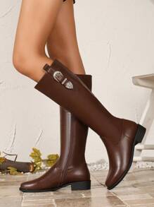 Women's Fashion Brown Knee-High Boots With Metal Buckle Decor, Comfortable Round Toe Chunky Heel Riding Boots For Fall And Winter - Brown - View 2