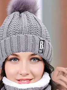 2 件套：针织帽和围巾 - 厚毛绒，防风，温暖舒适，适合秋冬季 - 帽子圍巾兩件套 - 查看 6