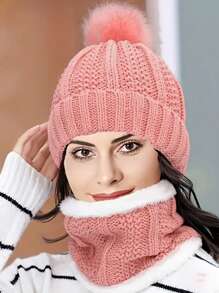 2 件套：针织帽和围巾 - 厚毛绒，防风，温暖舒适，适合秋冬季 - 帽子圍巾兩件套 - 查看 3