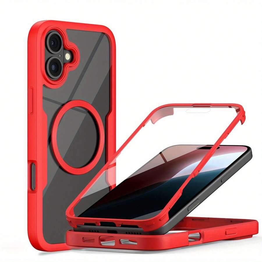 豪华 360 全身防震保护手机壳适用于 iPhone 16 Pro Max 16 Plus 透明磁性后盖为万圣节、圣诞节、生日、新年礼物、送给朋友的礼物提供全面保护 - 紅色 - 查看 1