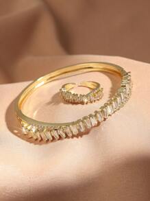 rakol 2 件时尚不对称方晶锆石装饰戒指和手镯套装 - 金黃色 - 查看 1