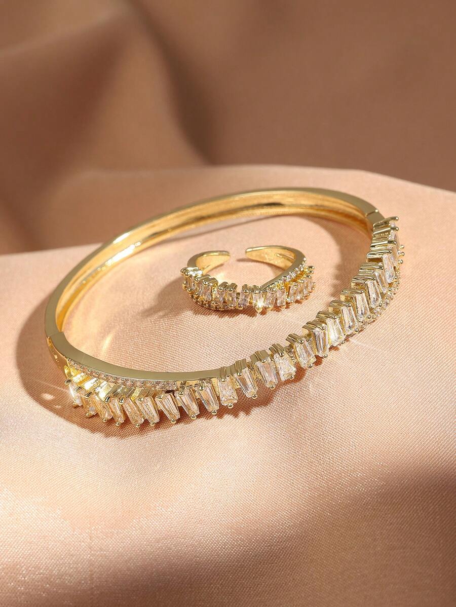 rakol 2 件时尚不对称方晶锆石装饰戒指和手镯套装 - 金黃色 - 查看 1
