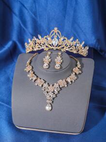 4 件皇冠耳环项链套装，优雅巴洛克水晶女王皇冠项链耳环首饰套装，适合新娘婚礼、派对、舞会 - 金色 - 查看 1