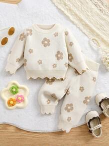 2 件装女婴花卉印花针织毛衣上衣 + 裤子套装，宽松柔软保暖幼儿服装，秋冬季