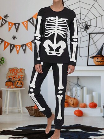 Women Halloween Pajamas Set Skull Skeleton Print Crewneck Long Sleeve T-Shirt Top And Pants Two Pieces Outfits Holiday Sleepwear Pjs Loungewear