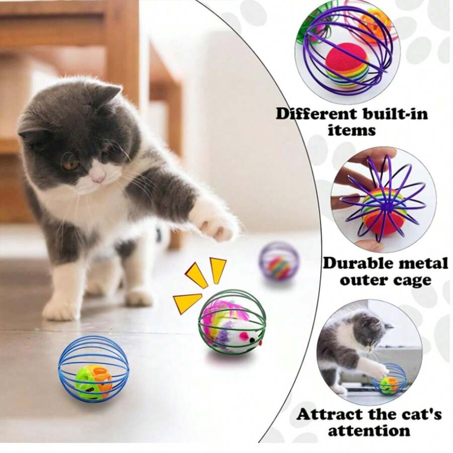 1pc Random Color Jingle Ball Cat Toy With Feather, Interactive Rattling