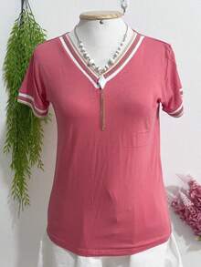 Women's Fashion V-Neck Top Detail Stripes - Màu Hồng  Dưa hấu - Xem 1